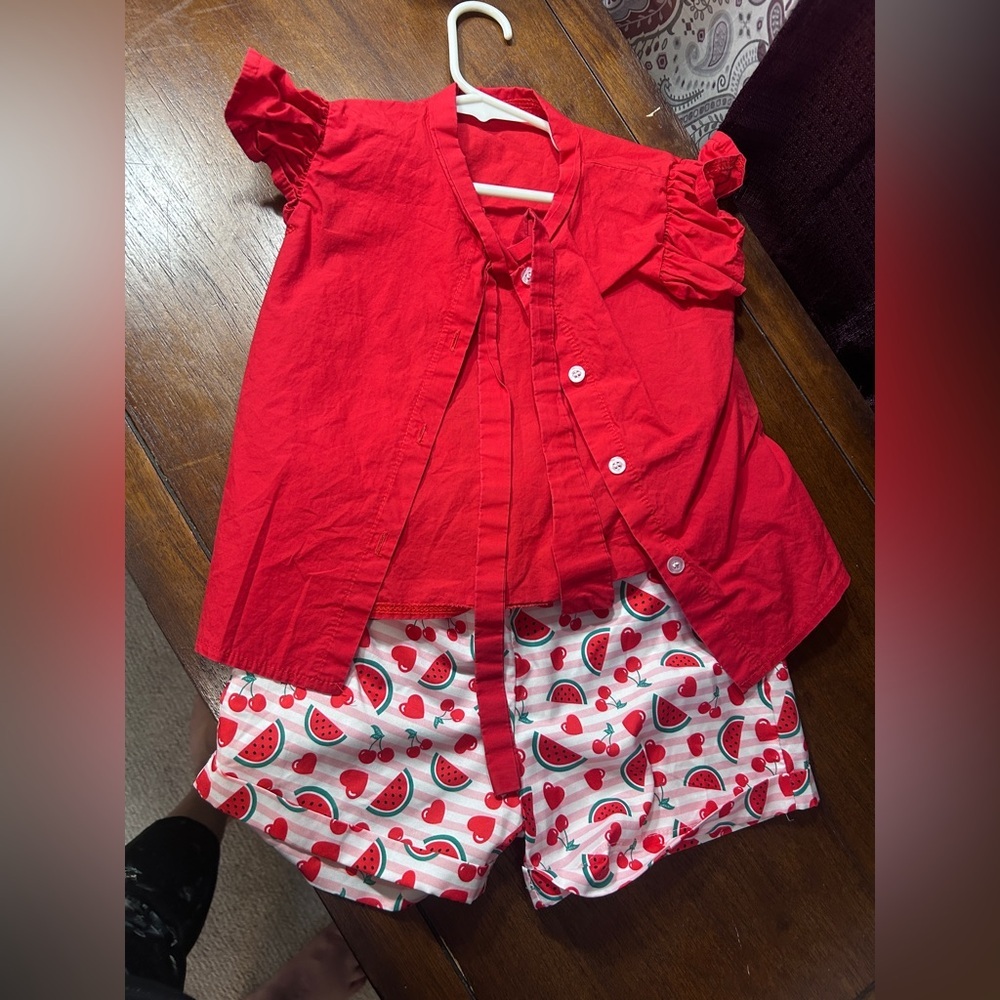 Red Button-Up Top and Watermelon Print Shorts Set